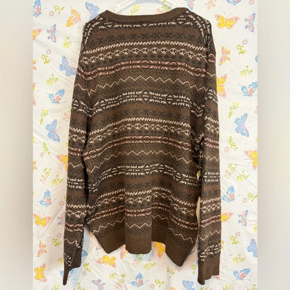 Lands’ End Men’s Fair Isle Sweater XL Brown Crewneck
